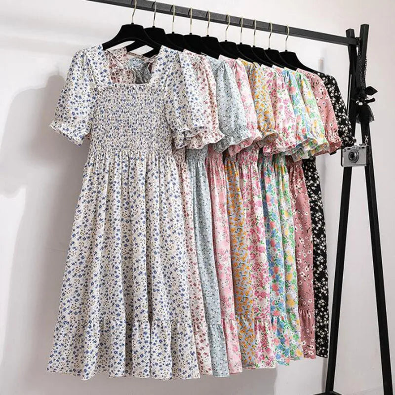 Summer Bohemian Pleated Women Chiffon Dresses Casual Beach Holiday Short Sleeve Square Collar Woman Midi Dress