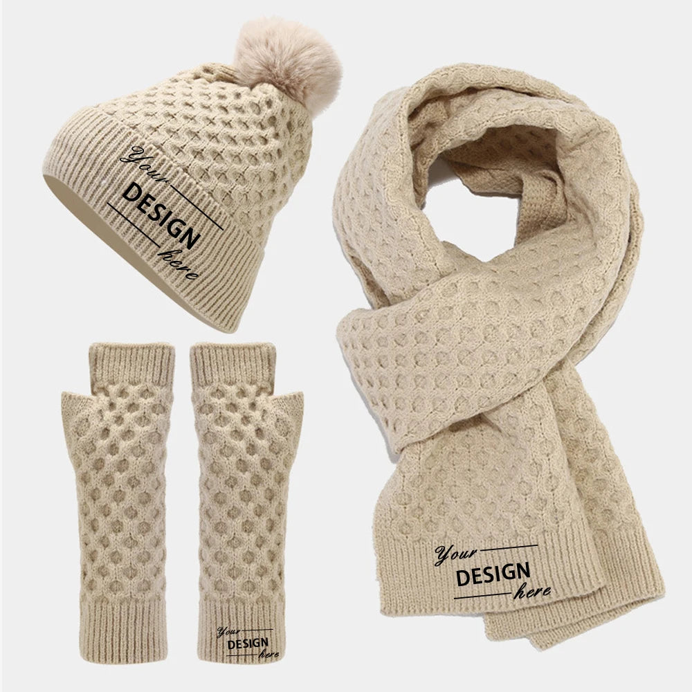 Comfortable Snug Fit Pom Soft Neck Warm Beanie Hat Scarf and Gloves Long Scarf 3pcs Set Custom Knitted Hats