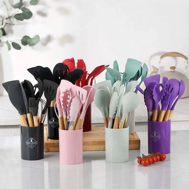 Wholesale 12 Pieces in 1 Set Kitchen Accessories Cooking Tools Kitchenware Cocina Silicone Kitchen Utensils With Wooden Handles