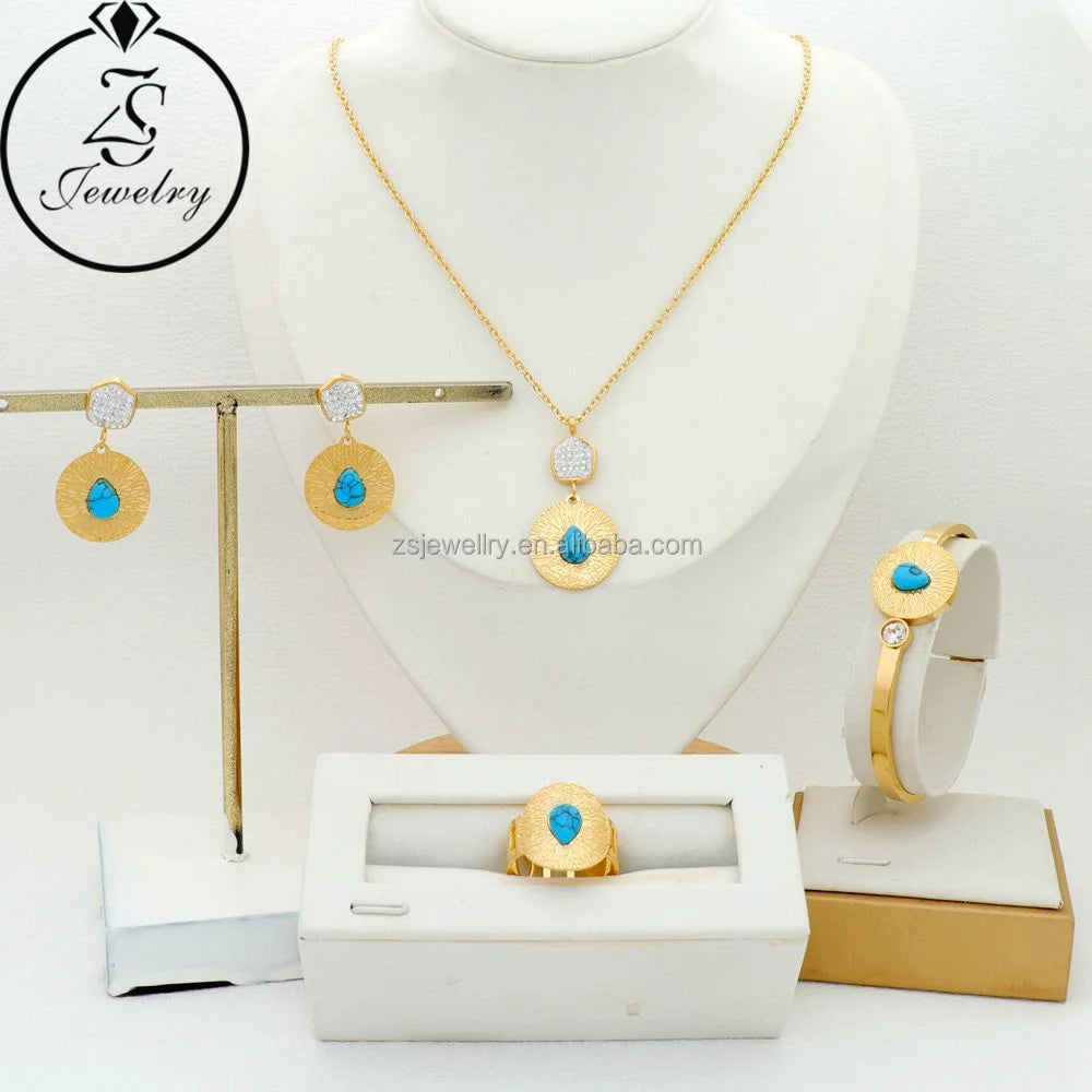 African Dubai Jewellery Blue Opal Stone Stainless Steel Gold Plated Crystal Butterfly Women Indian Beads Girl Gift Sets