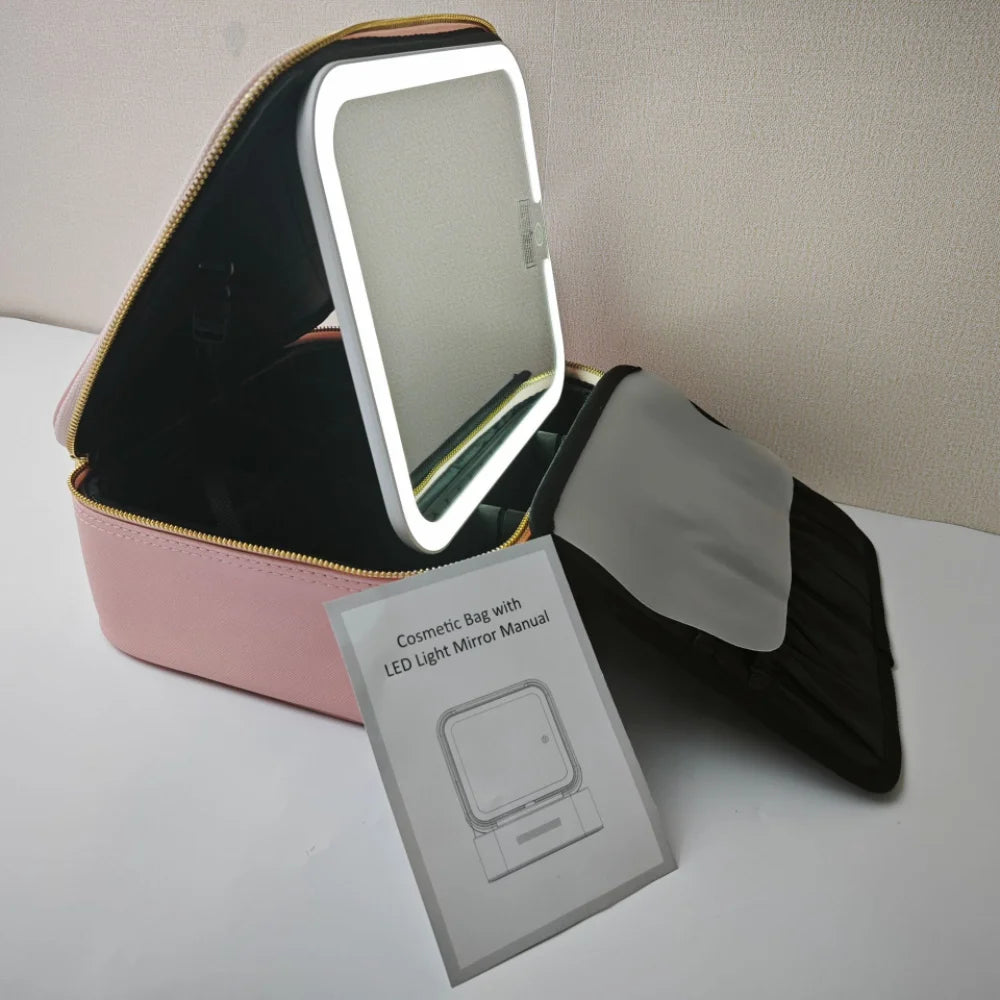 Portable Makeup Artist Adjustable Dividers Cosmetic Train Case Travel Case Makeup Bag Removable With LED Mirror
