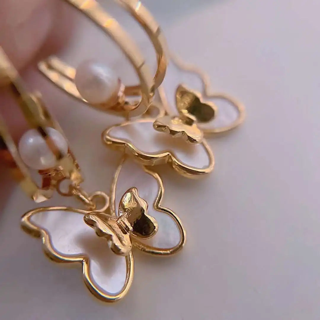 Super Fire Fairy 4-5MM Freshwater Pearl 18K Gold Plated Luxury Butterfly Drop Earrings Natural Shell Inlaid Three-dimensional