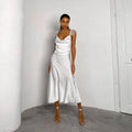 Feather Patchwork Spaghetti Strap Slip White Satin Long Dress
