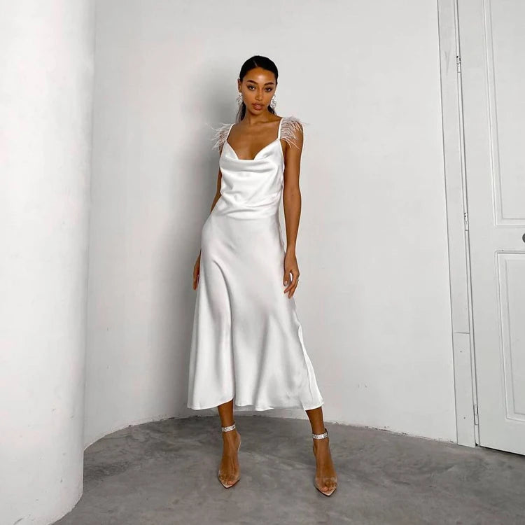 Feather Patchwork Spaghetti Strap Slip White Satin Long Dress