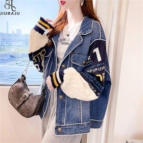 Fashion Women Patchwork Knitted Sleeve Denim Casual Jean Jacket Girl Streetwear Cardigan