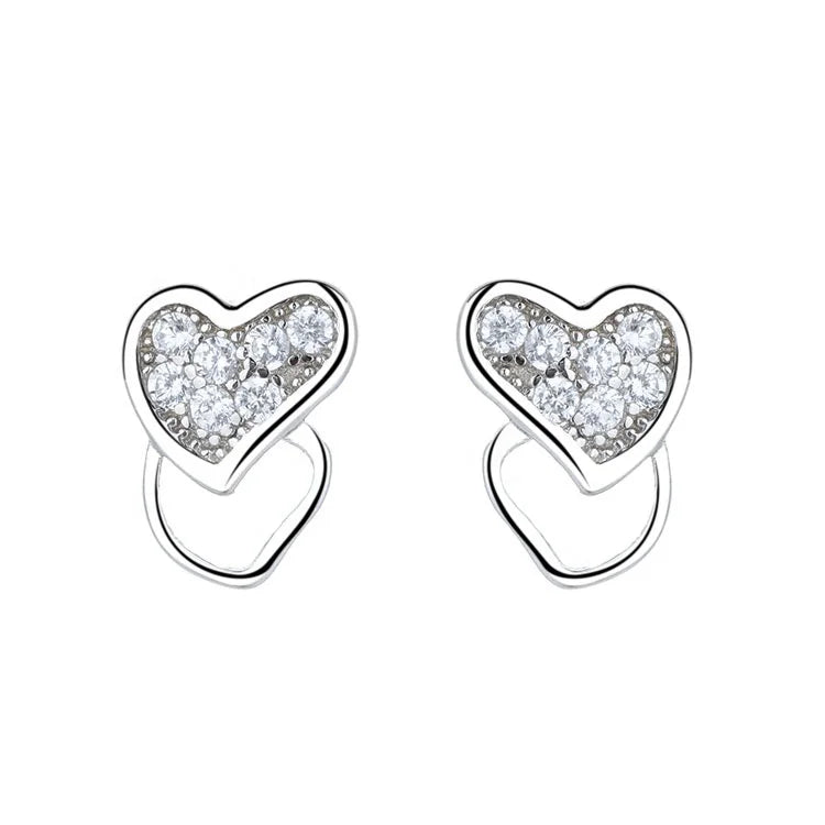 Sterling Silver 925 Fine Jewelry Simple Heart Design Stud Earrings for Women and Kids