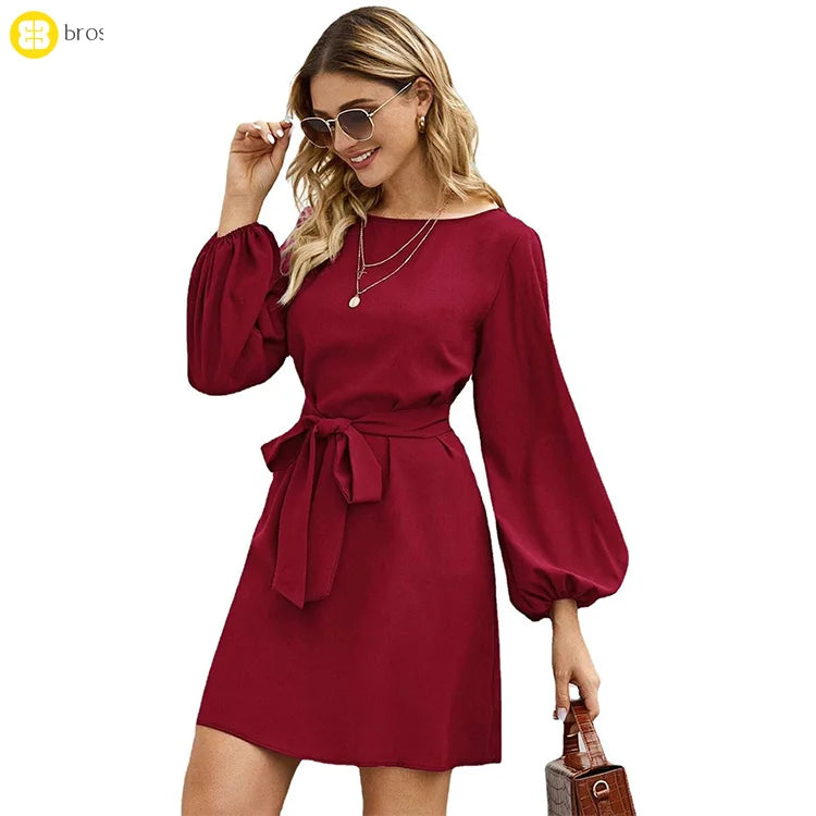 Summer O Neck a Line Knitted Dress Women Long Lantern Sleeve Casual Slim Mini Dress Office Ladies  Soild Color Vestidos