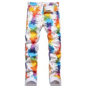 RNSHANGER Mens Casual Jeans Multi-Color Digital Print Fashion Trousers High Street Hip Hop Nightclub Male Denim Pants