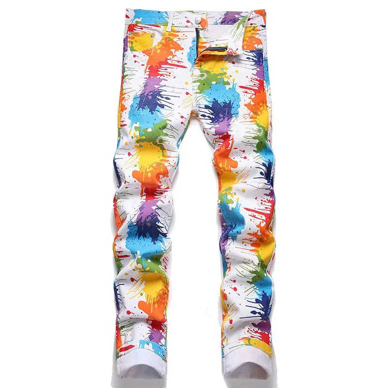 RNSHANGER Mens Casual Jeans Multi-Color Digital Print Fashion Trousers High Street Hip Hop Nightclub Male Denim Pants