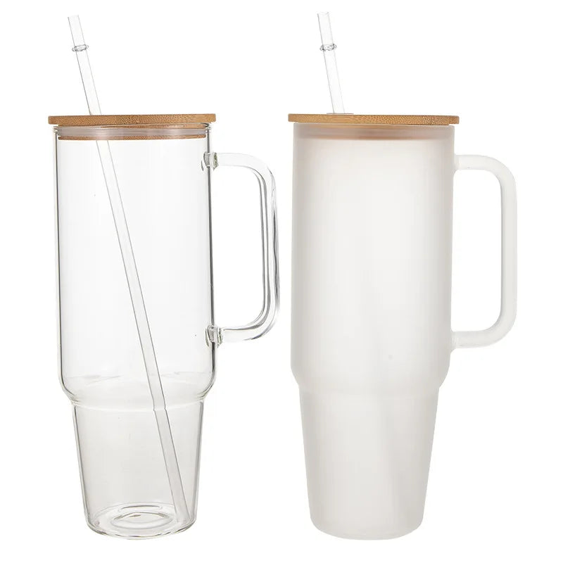 40oz Extra-Large Insulated Glass Tumbler with Handle & Wooden Lid Commercial-Grade Hot/Cold Car Cup Leak-Proof Handle Design