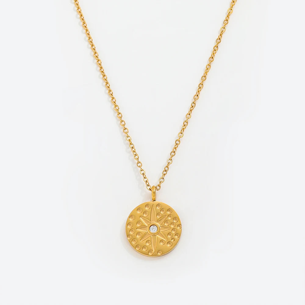 Joolim Jewelry 18K Gold Plated Zirconia Sunflower Coin Pendant Necklace Stainless Steel Jewelry Wholesale