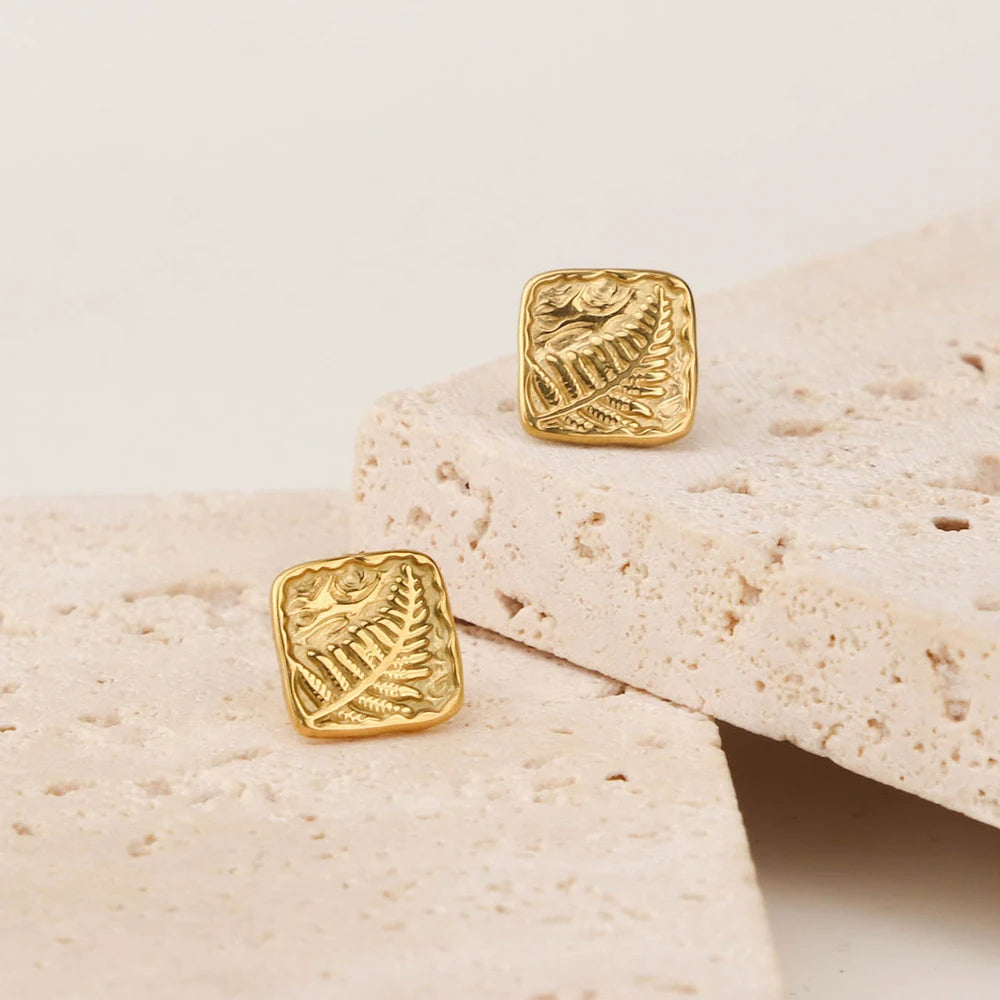 Chris April 316L Stainless Steel PVD Gold Plated Leaf square Stud Earring