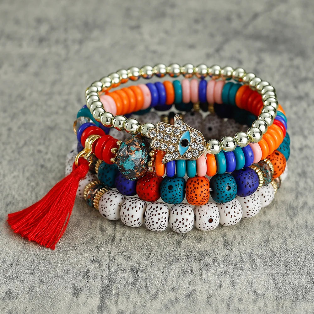 YL American Fashion Bohemian Palm Tassel Multi Layer Stacked Acrylic Resin Lucite Beaded Bracelet Bangle for Men