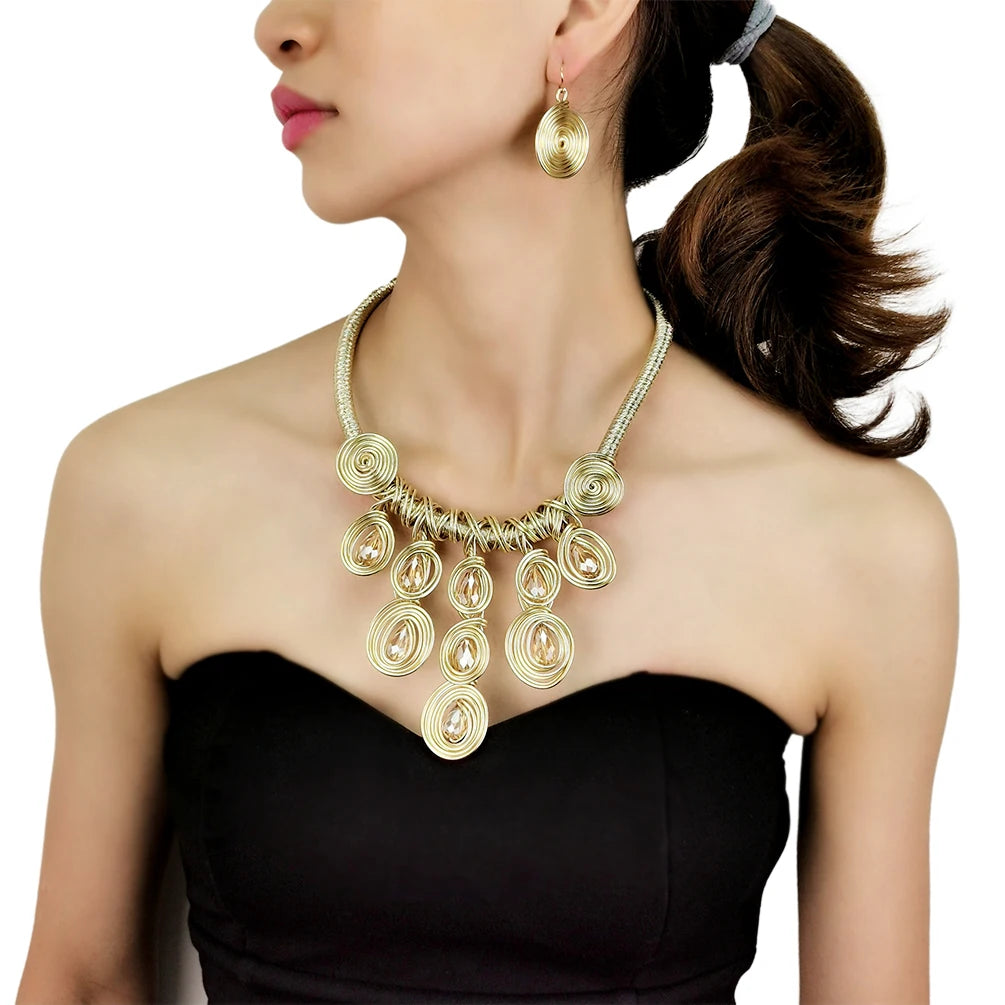 Boho Twined Crystal Beads Necklace & Earrings Set Big Geometric Gold Plated Eco-Friendly Zinc Alloy Women's Jewelry