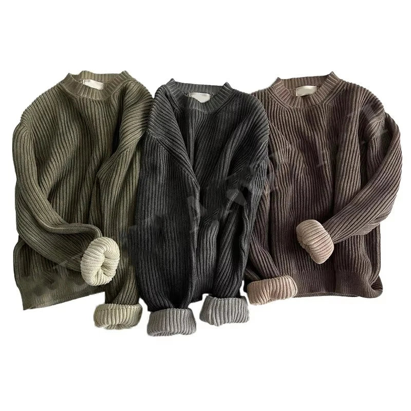 YSJY Wholesale Customized Crew Neck Heavyweight Streetwear Pullover Acid Wash Distressed Winter Oversized Cotton Men Sweater