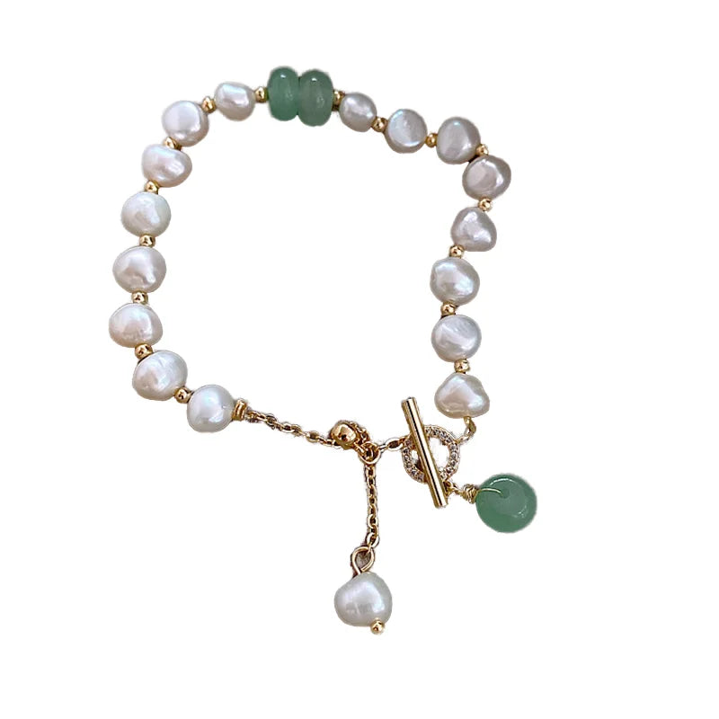 HOVANCI Chic Beaded Bracelet for Women 4 18k Gold Plated Baroque Natural Pearls Chain with Christian Charm
