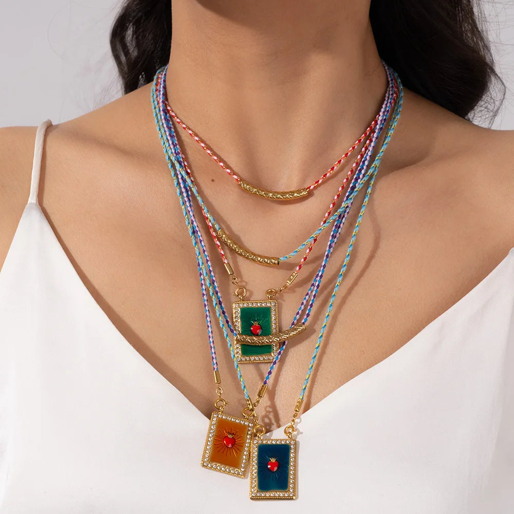 European American Literary Retro Style Stainless Steel Tarot Card Pendant Necklace Colorful Dripping Oil Generous Brand Fashion