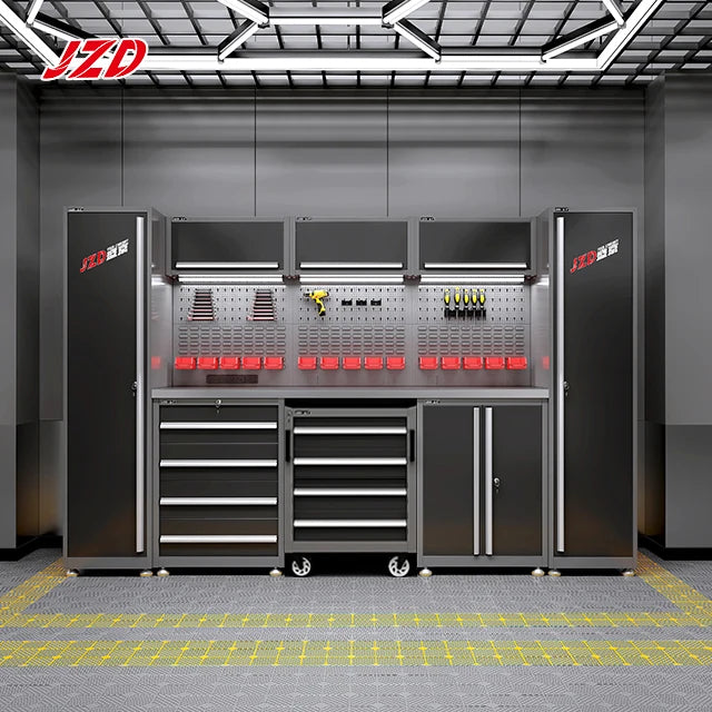 JZD Workshop Tool Cabinet Heavy Duty Workbench Garage Metal Cabinet Storage for Home Tool Box Trolley Tool Cart with Tools