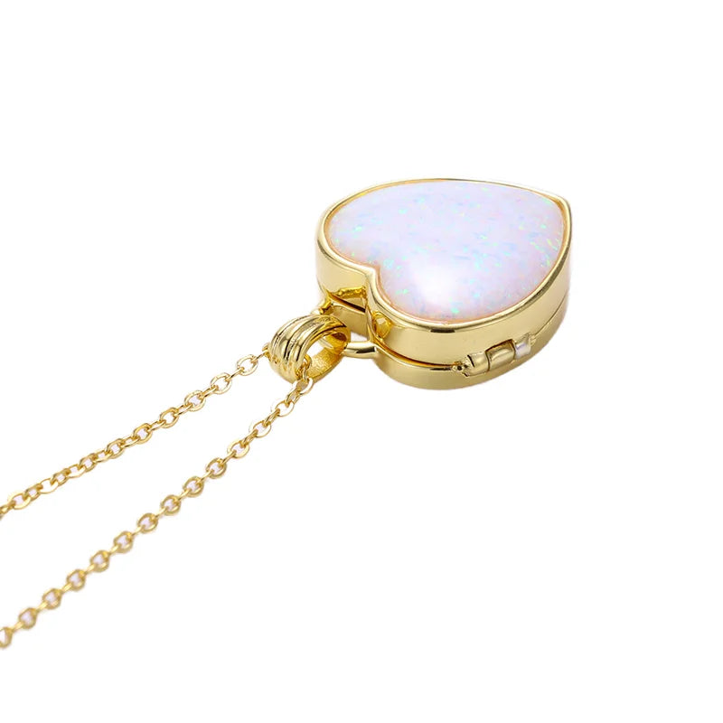 925 Sterling Silver Heart-Shaped Pendant Necklace with 14K Gold Plating Link Chain Classic Style Opal Wedding Party Engagement
