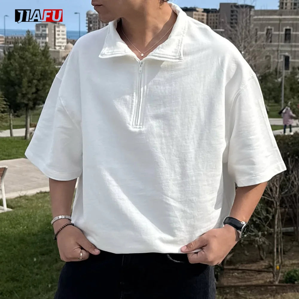 100% Cotton Knitted Solid Oversized Fit  Half Zip Polo Neck Short Sleeve Blank Casual Breathable Men's ShirtsTshirts Bulk Custom