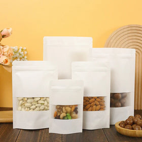 Customizable Biodegradable White Kraft Paper Stand Pouch Ziplock Doypack Window for Coffee Food Sugar Packaging Available