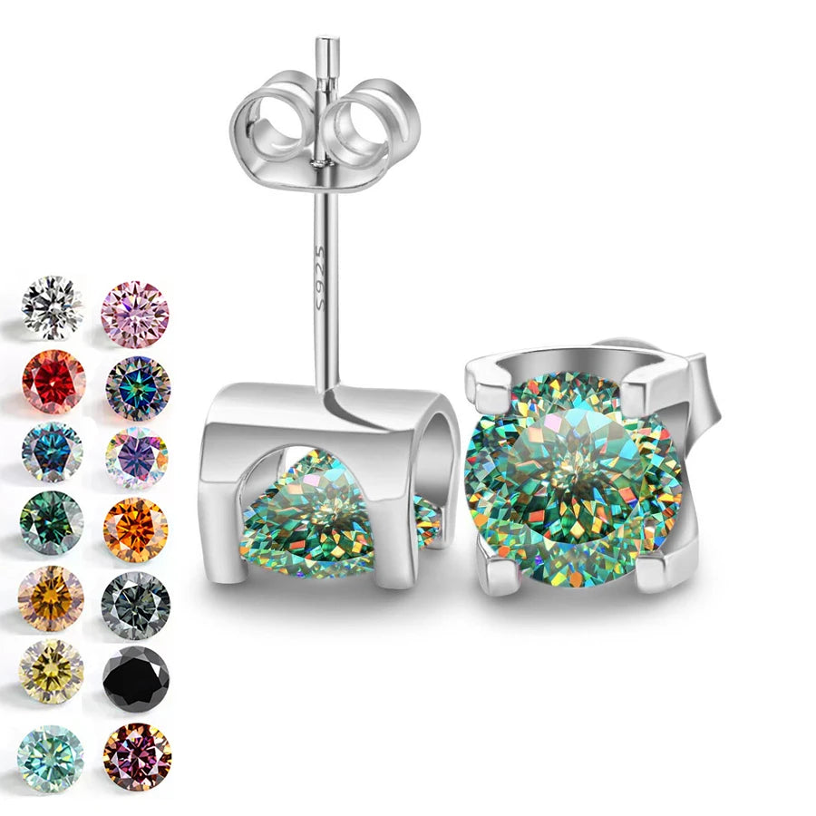 Multi Style S925 Sterling Silver Hypoallergenic Fine Jewelry Round Cut 1CT VVS1 GRA Colored Moissanite Stud Earrings for Women