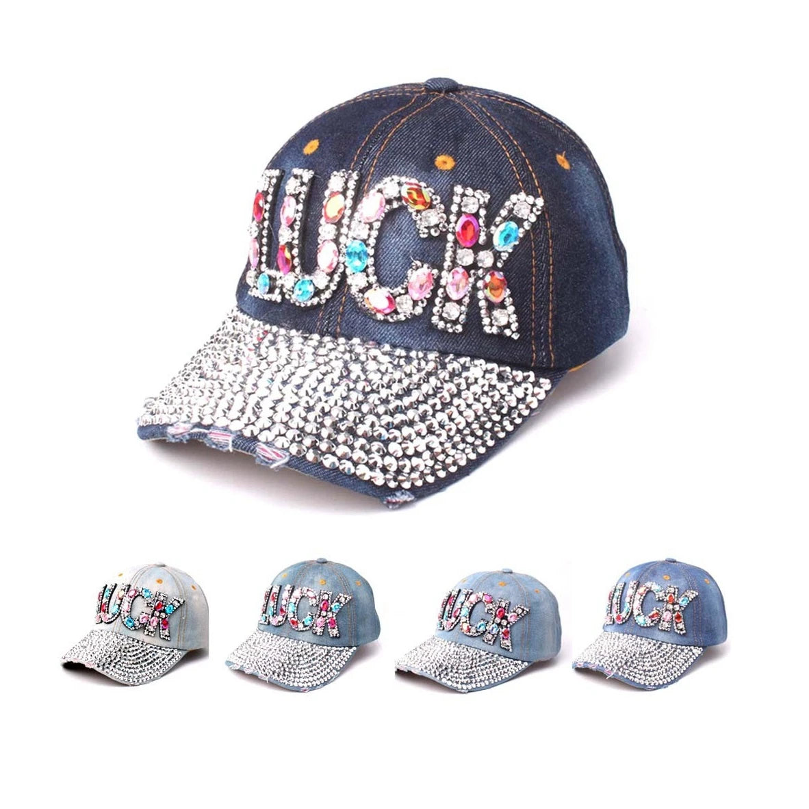 High Quality Letter LUCK Rhinestone Bling Fashion Hats Jean Wash Denim Hat Fashion Sports Baseball Caps