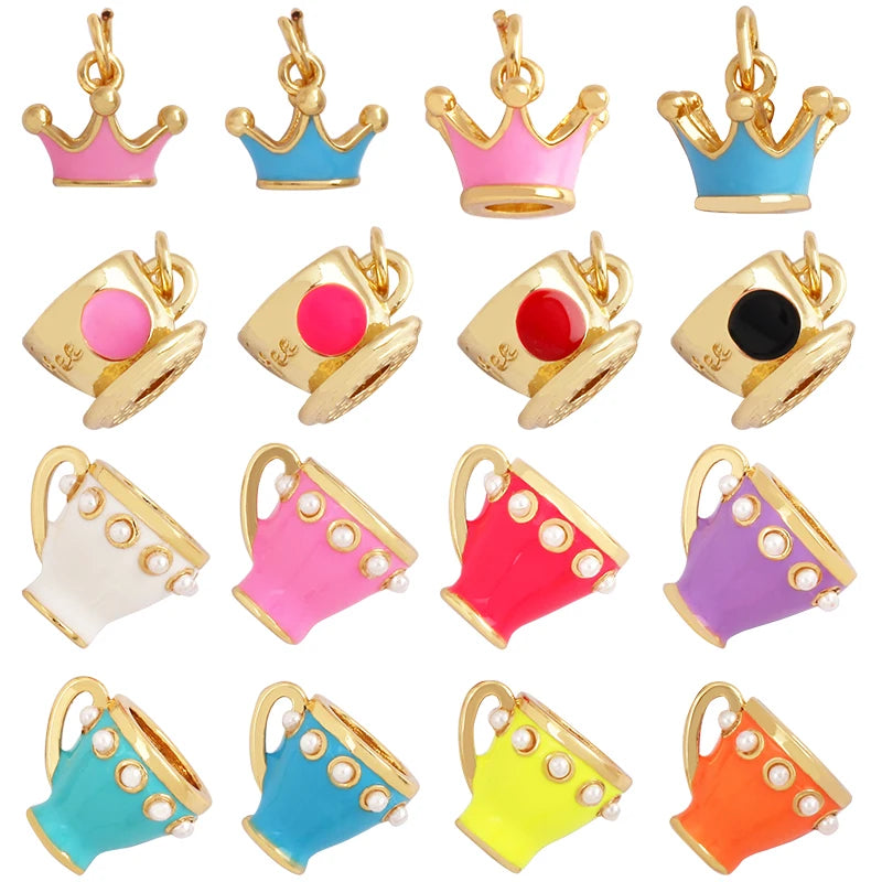 New Colourful Tea Water Coffee Cup Enamel Oil Dropped Charm Pendant 18K Gold Plated Colour Pearl Necklace Bracelet Supplies L51
