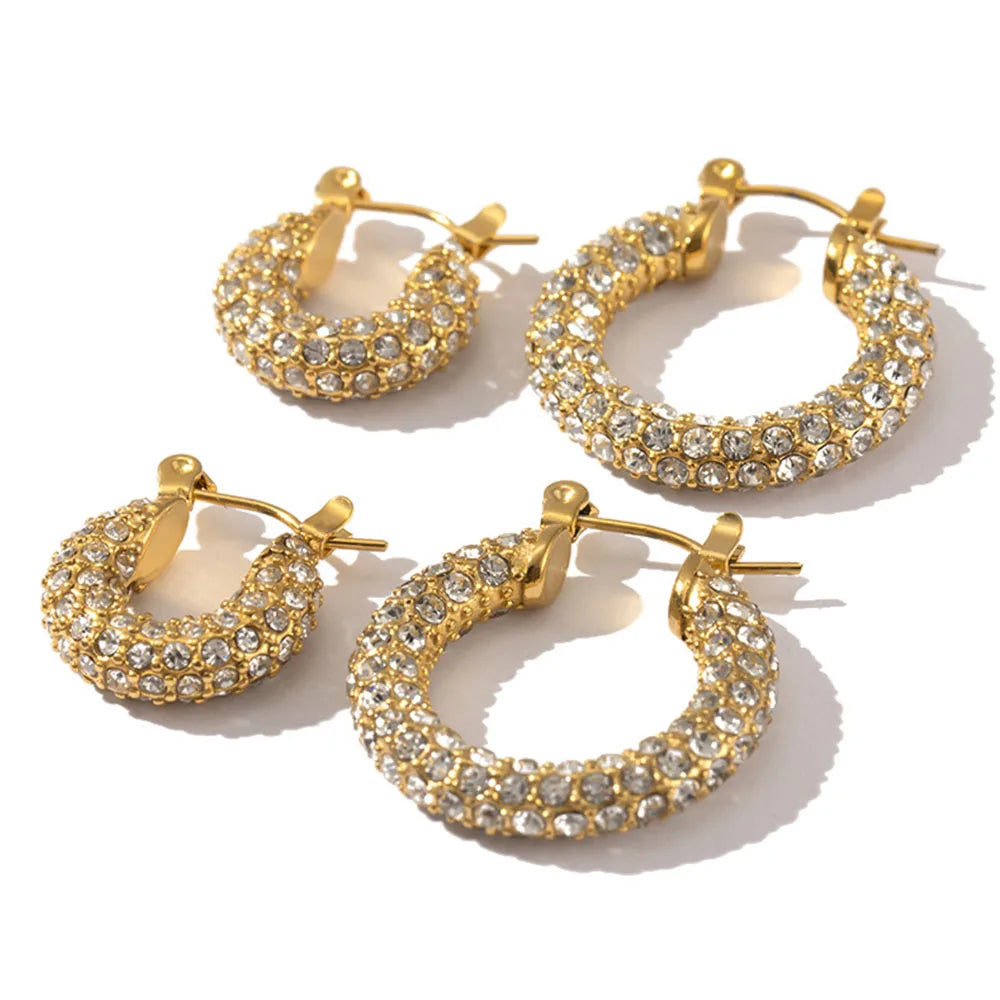 Luxury Shining Zircon Waterproof Jewelry PVD Gold Plated Stainless Steel Round Geometric Hoop Earrings for Women