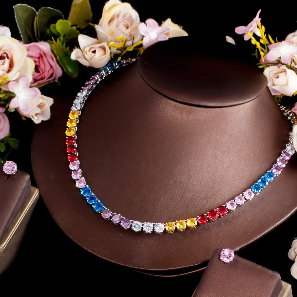 Rainbow Color Round Cubic Zirconia Stone Tennis Necklace and Stud Earrings Set for Women Party Wear CZ Crystal Jewelry Gifts