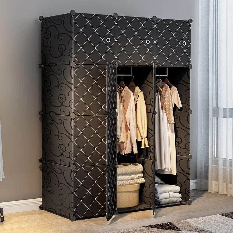 Modern 8-Door 2-Hanger Checkered Black Plastic Wardrobe Extendable Portable Tool-free Assembly Gym School Bedroom Living Room