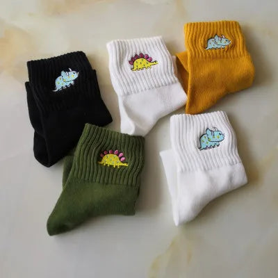HF Winter Cartoon Anti-Slip Breathable 100% Cotton Thick Knitted Cute Embroidered Dinosaur Women's Crew Socks