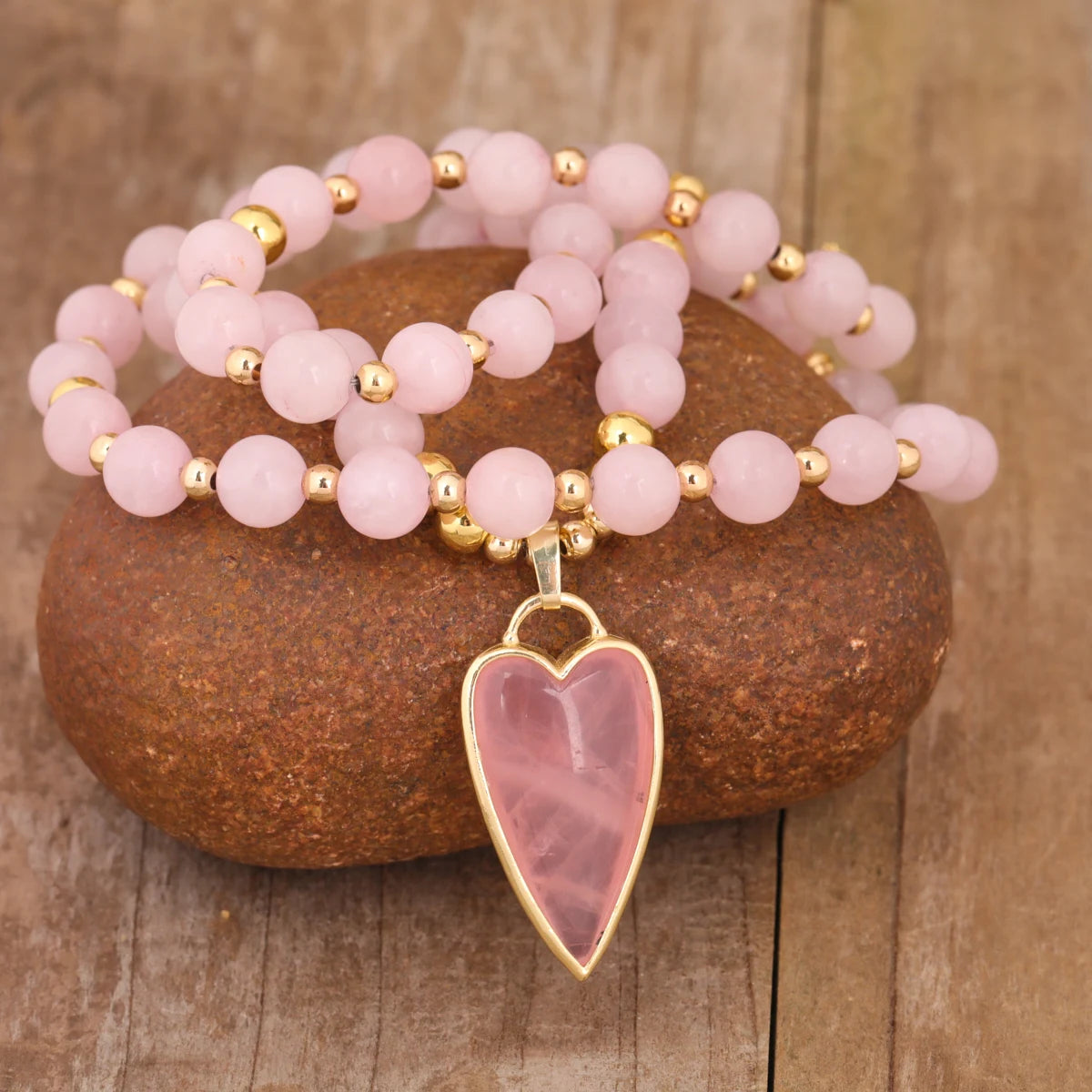 Boho-Style Pink Crystal Rose Quartz LOVE Heart Pendant Necklace Handmade for Weddings Parties Perfect Valentine's Day Gift for