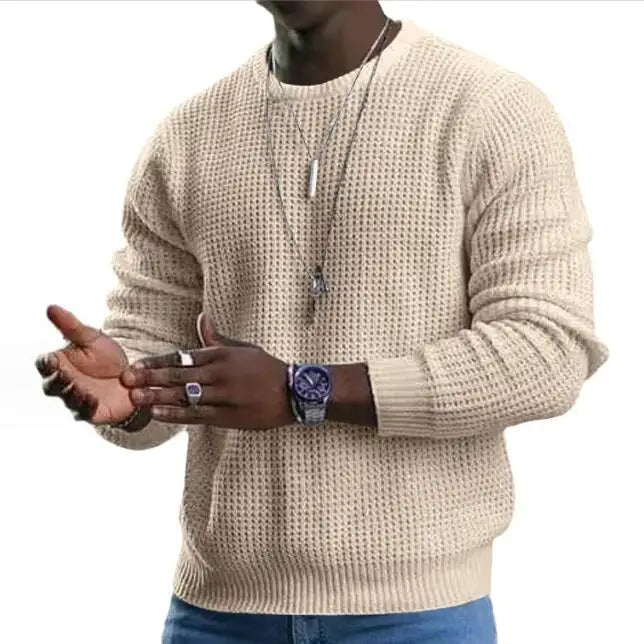 Wholesale Solid Color Waffle Autumn Long Sleeved Men's T-shirt Round Neck Knitted Sweater for Men