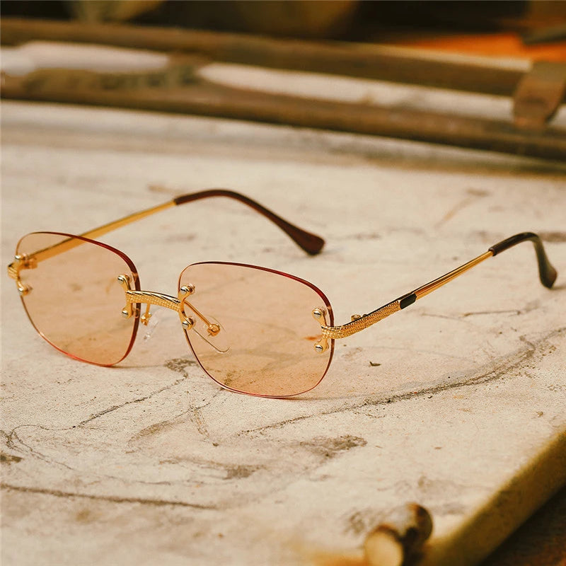 Mini Vintage Rectangle Rimless Steampunk Sunglasses Gold Metal Frame Gradient Lenses for Wedding Party Favors for Women Men