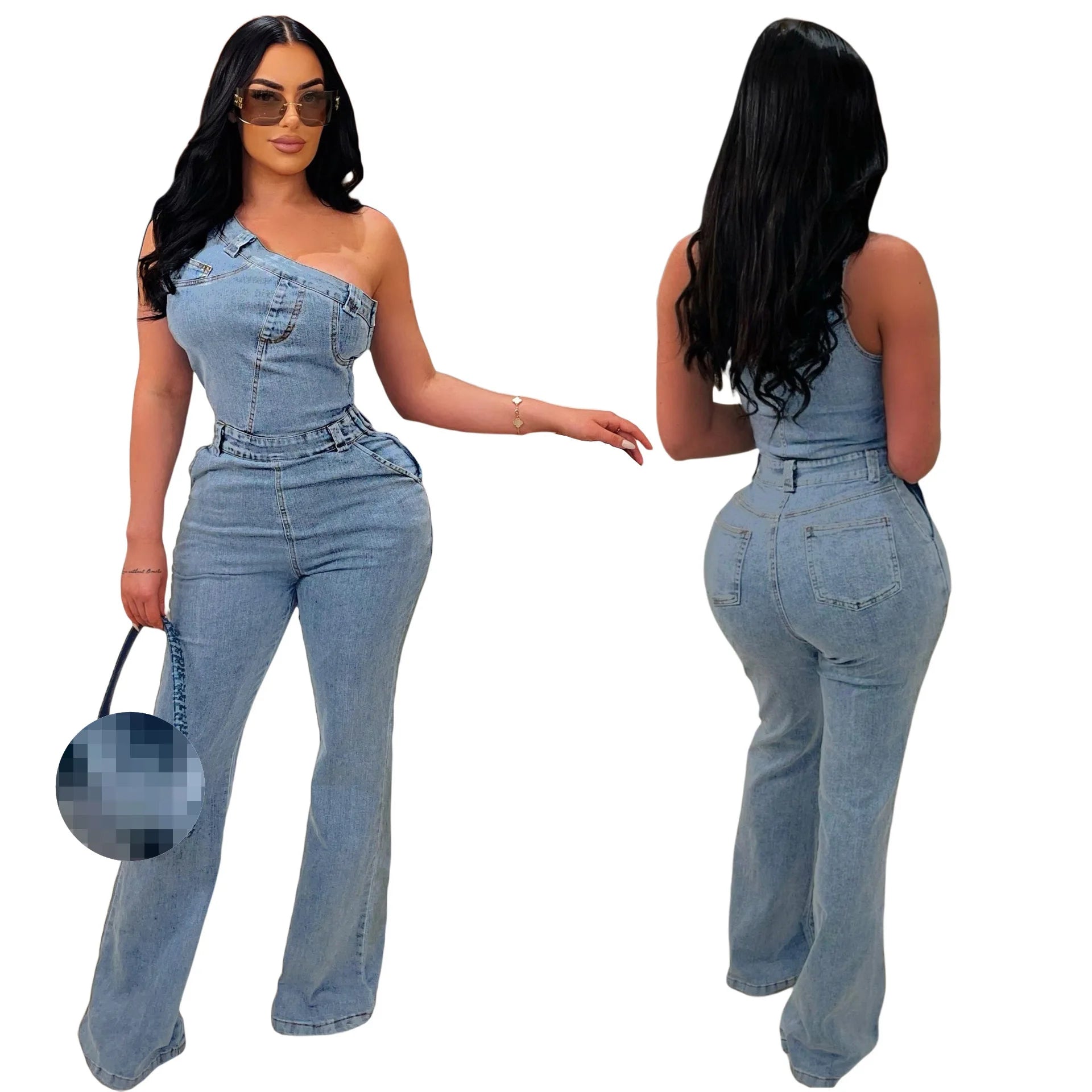 Spring Women Denim Clothing Sleeveless One Shoulder One Piece Denim Jumpsuit Solid Color Women Casual Jumpsuit