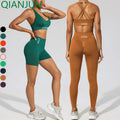 Hot Sale Women Sportswear Solid Yoga Woman Workout Shorts Bra and Leggings Fitness 3 Sets for Gym