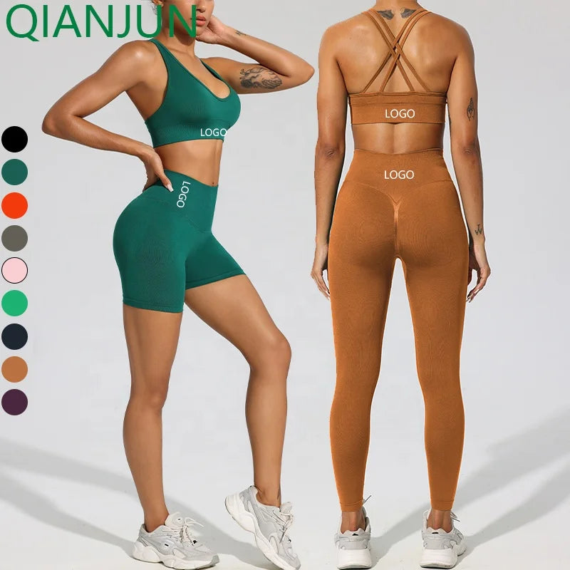 Hot Sale Women Sportswear Solid Yoga Woman Workout Shorts Bra and Leggings Fitness 3 Sets for Gym
