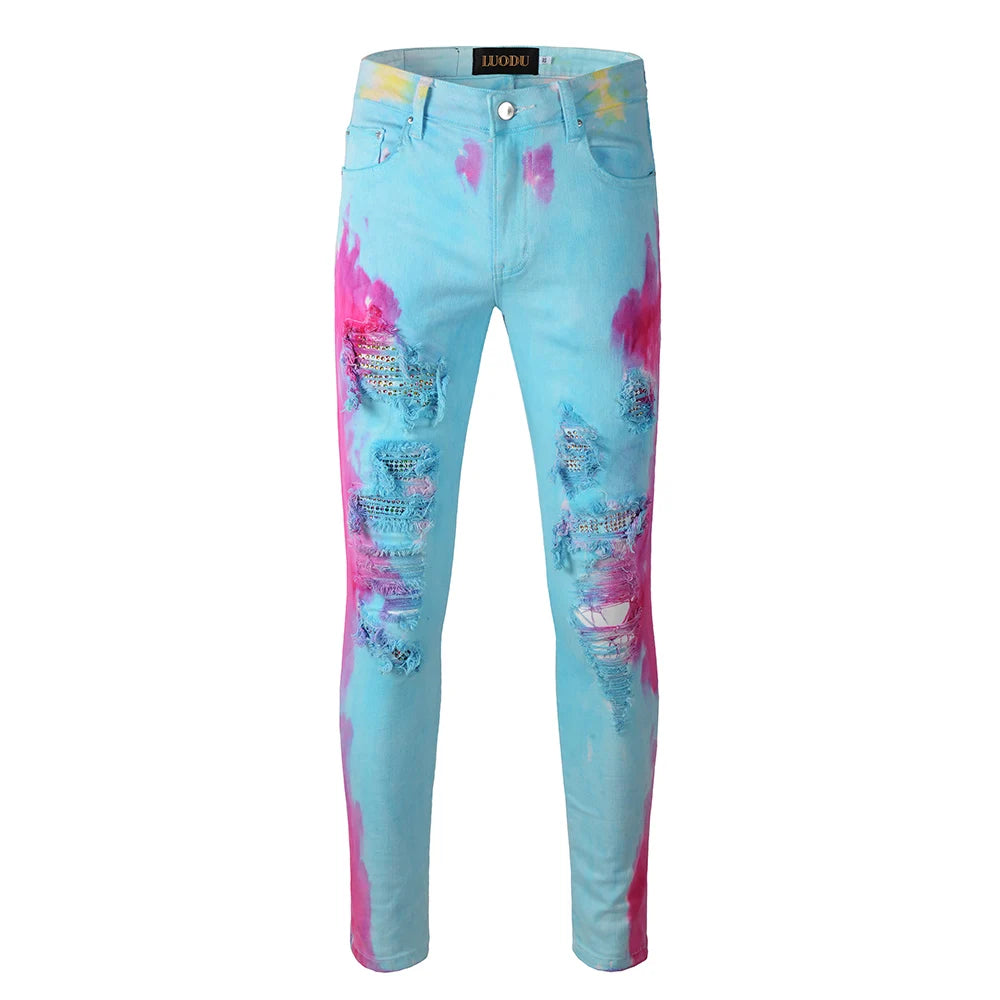 Ds316 Men's High Street Style Pencil Pants Good Skinny Stretch Demin Jeans with Distressed Print Winter and Autumn Washed