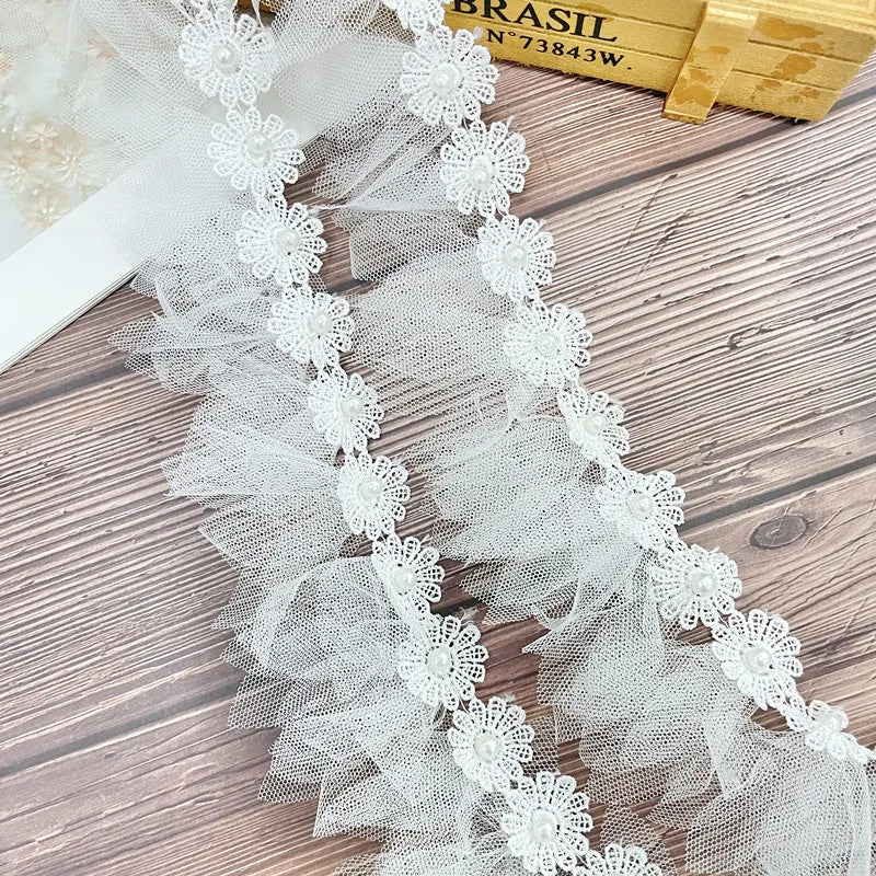 New 3D Flower Paired With Mesh Pearl Wedding Dress Decoration Exquisite Headwear DIY Lace Material