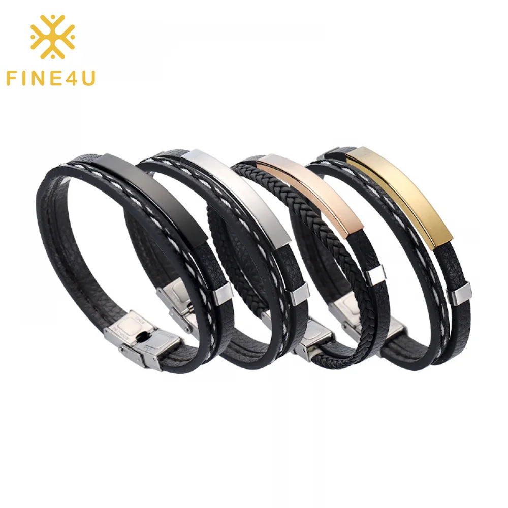 Vintage Fashion Personalized Engraved Logo Men Jewelry Braided Leather Gold Plated Stainless Steel Name Bangle Custom Bracelet