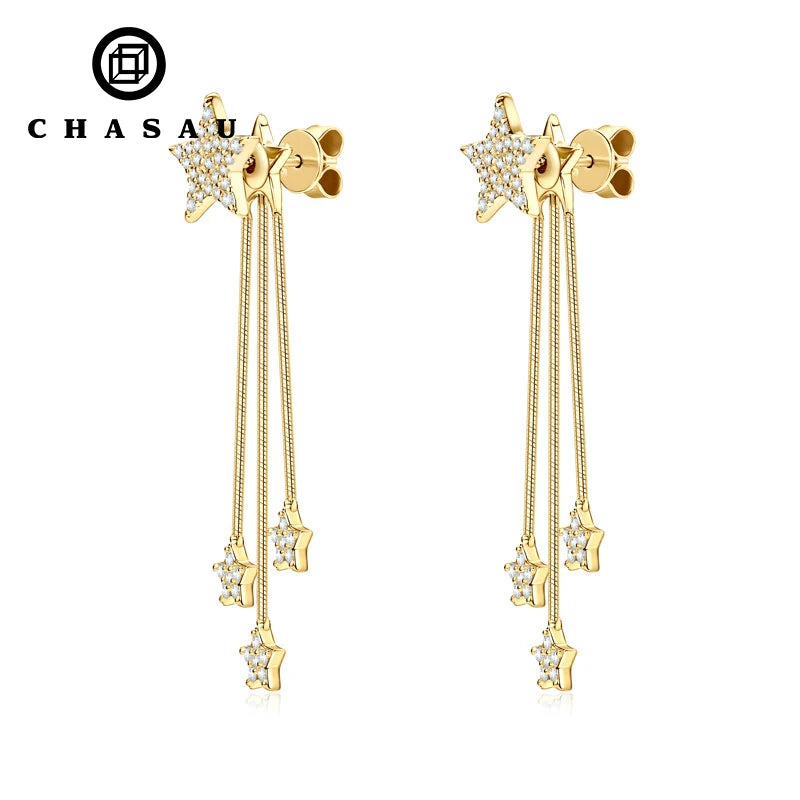 Light Luxury 925 Sterling Silver Pentagram Tassel Stud Ear Rings 1.2mm & 1.0mm Moissanite Earrings for Women