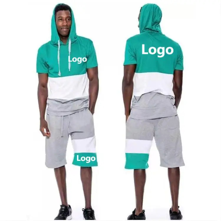 Custom Logo Summer Men's Windproof Lightweight Fashion Patchwork Color Tracksuit Short Sleeve Hooded Regular Sports Suit Two