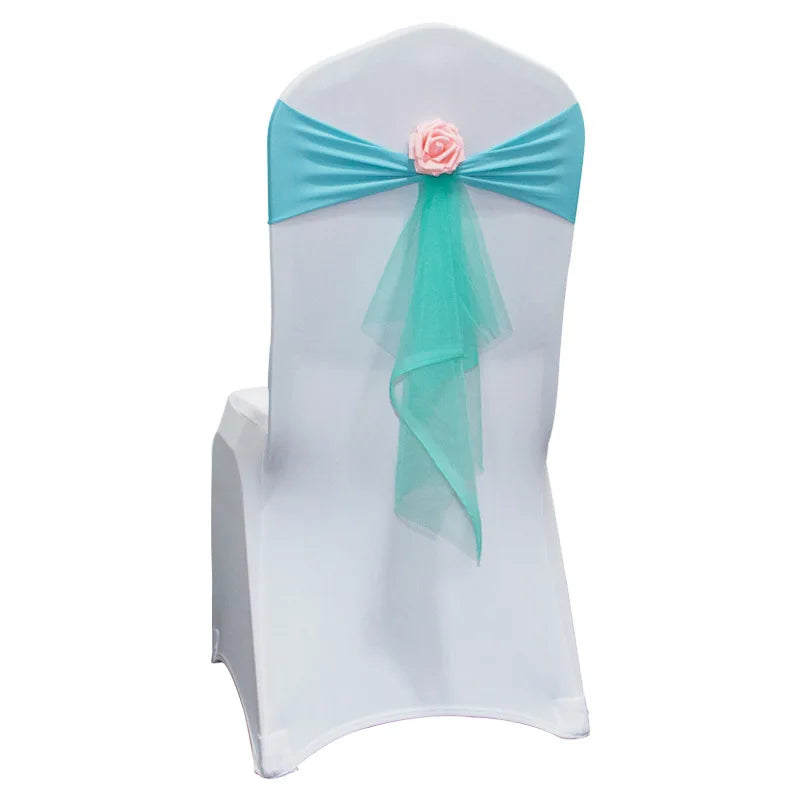 Factory Direct Wholesale Organza Fabric Chair Back Decoration Wedding Rose Bow for Hotel Banquet Tulle Chair Band Home Use