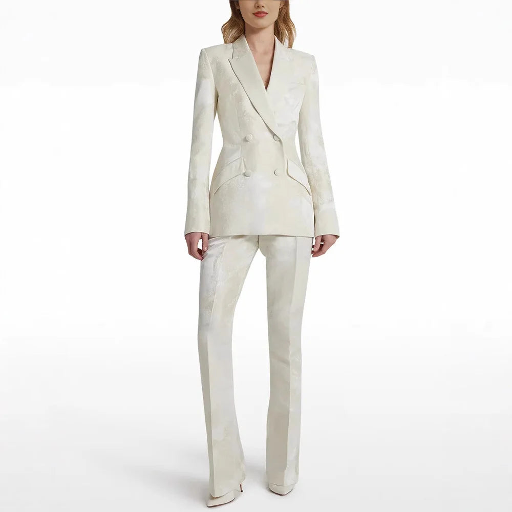 2025 Elegant Vintage Geometric Jacquard Double Breasted Pant Suit Jacket Full Length Set New Two Piece Autumn