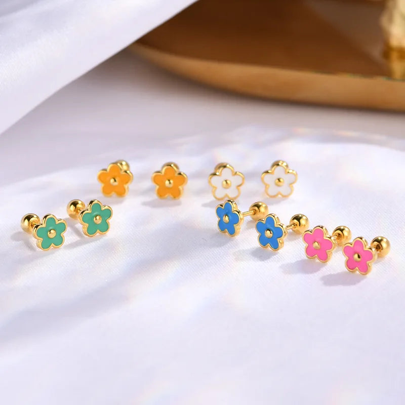925 Sterling Silver Enamel Mix Color Flower Screw Back Studs Petals Gold Plated Cartilage Earrings for Girls Children