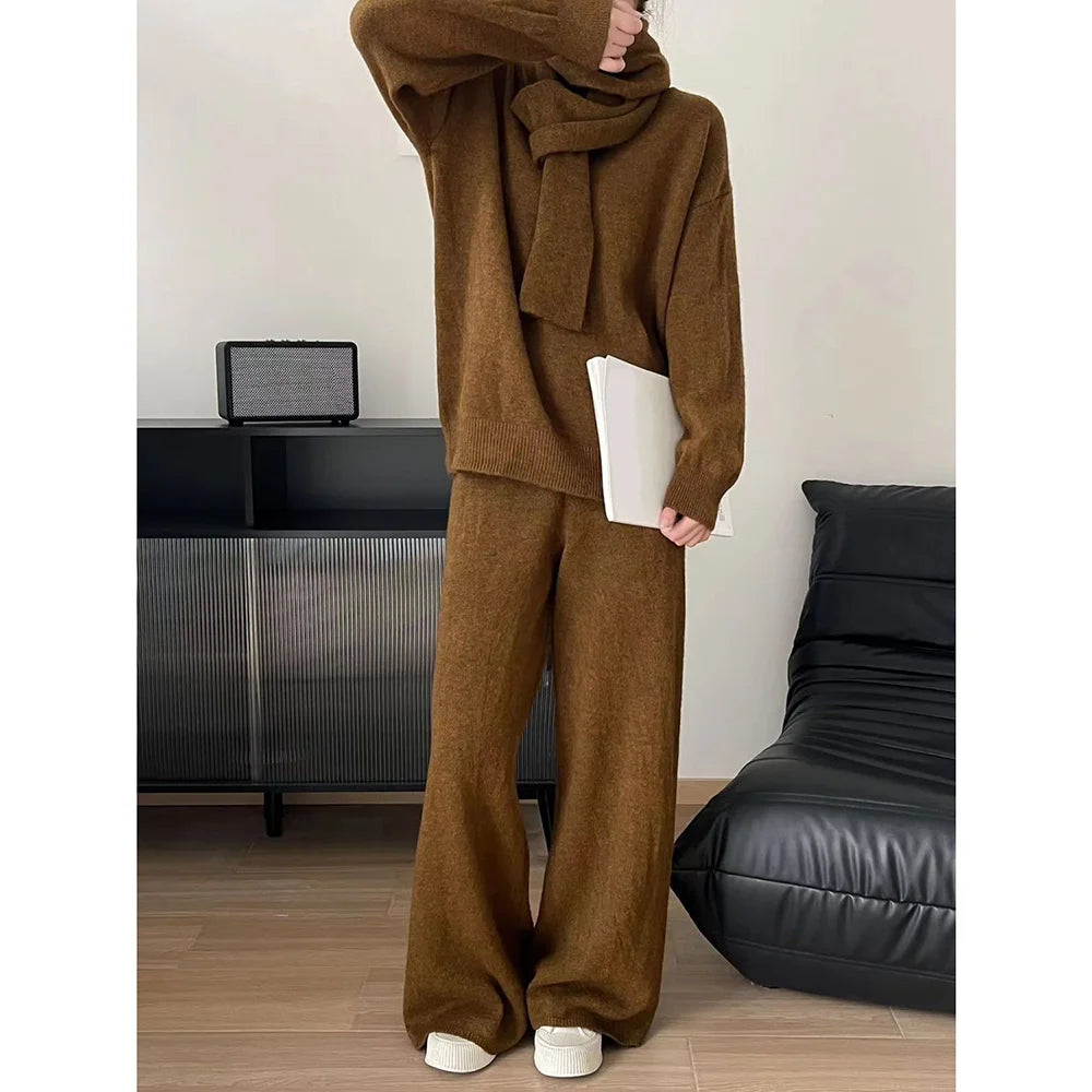 Autumn Winter Loose Soft Knit Set Casual Solid Color Knit Pullover Knit Pants Scarf Set Knitted Three-Pieces Set for Women