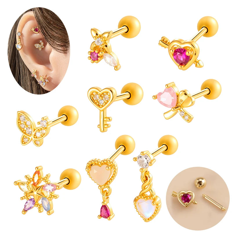 Hengsen Stainless Steel Stud Earrings Pink Zirconia Young Girls Heart Butterfly Cartilage Tragus Helix Earring Piercing Jewelry