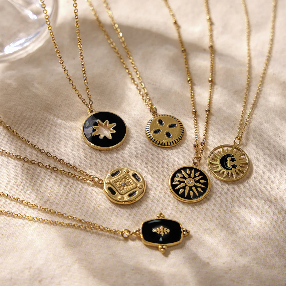 Personalized Ins 18K Gold Plated Geometric Star Sun Oil Drop Coin Pendant Stainless Steel Necklace Set