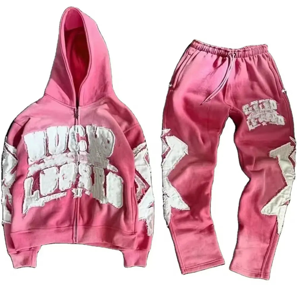 Men's Distressed Embroidery Applique Tracksuit Breathable Washed Hoodie Pants Suits Winter Distressed Patch Embroidery Tracksuit